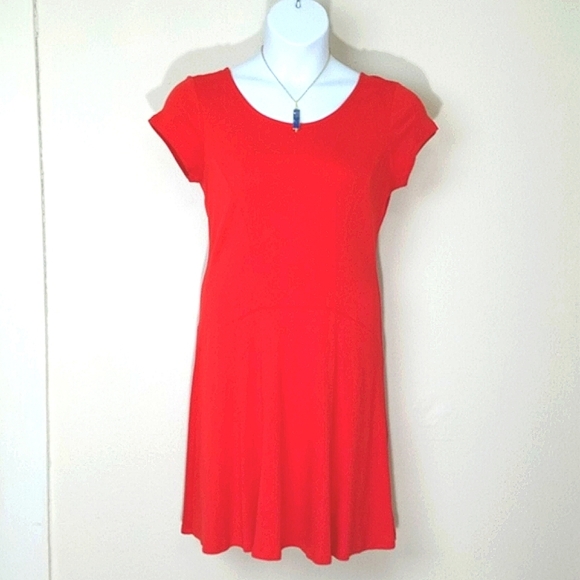 New York & Company Red Cotton Jersey Midi Dress Medium Fit Flare A Line Casual - Picture 1 of 7